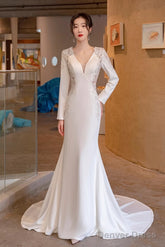 White Satin Mermaid Long Sleeves With Lace Wedding Party Dress, White Long Formal Dress